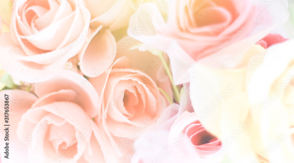 bouquet of pink roses and flowers, panoramic background
