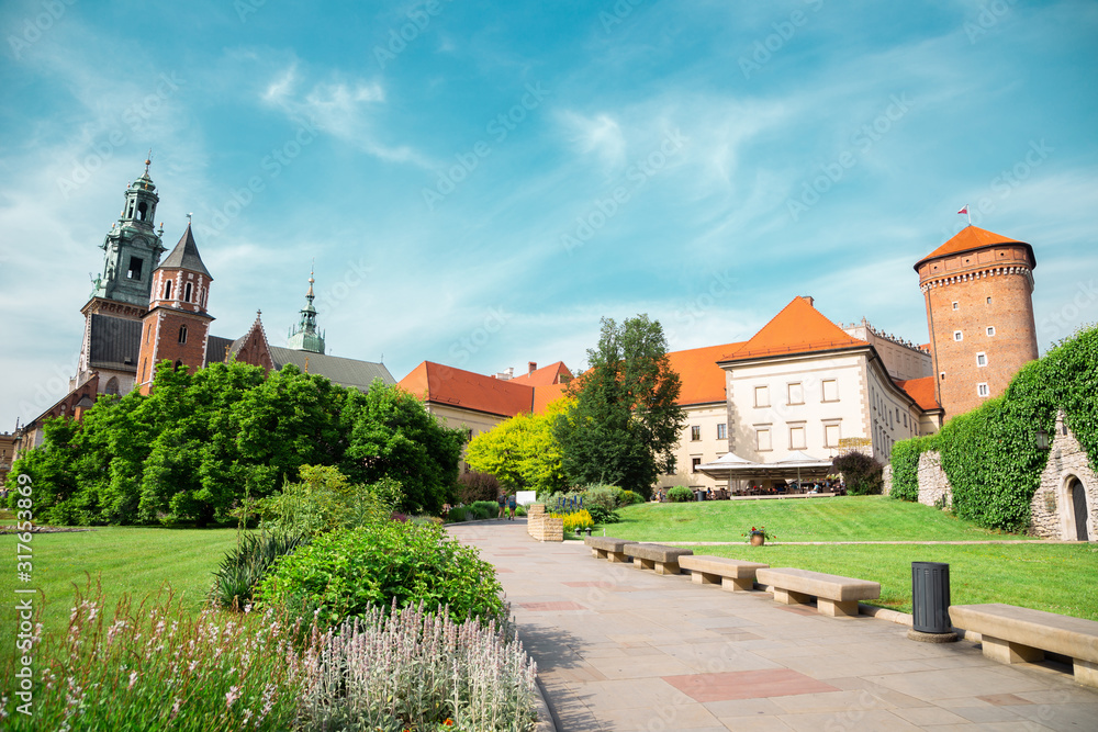 Wawel castle with garden in Krakow, Poland