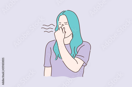Stink, smell, disgust concept. Young unhappy dissatisfied woman covers nose with hands, showing disgust. Disappointed unhappy girl feels disgust because of awful smell and stink. Simple flat vector