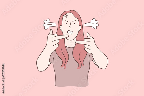 Angry, irritated, stressed girl concept. Woman getting mad with throbbing vein on forehead and ear steam, annoyed, furious person, negative emotion expression, obscene gesture. Simple flat vector