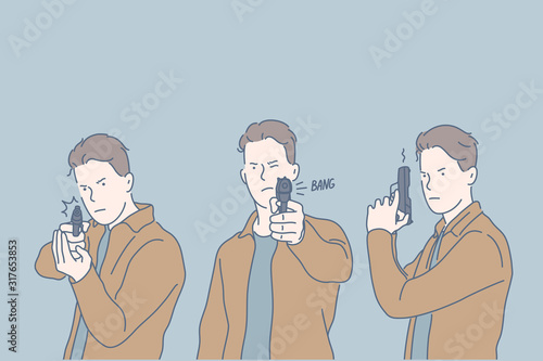 Selfdefense, criminal, shot, set concept. Dangerous young criminal takes gun, intented to kill. Serious killer took shot and hit target. Focused man pulled trigger in selfdefense . Simple flat vector