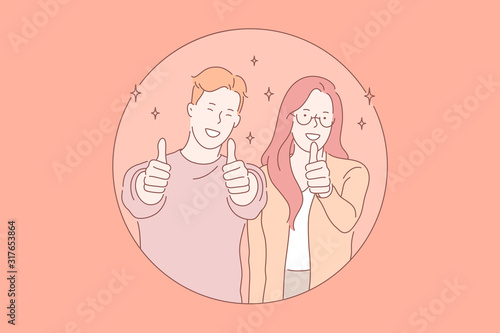 Smiling young couple, good mood concept. Positive emotions, happy people, boyfriend and girlfriend showing thumb up, mirth and gladness, cheerful facial expression. Simple flat vector