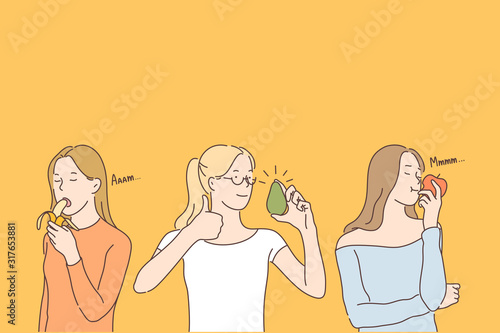 Health, vegan, fruit set concept. Young merry, cheerful woman wants to be healthy. Happy contented girl likes eco food very much. Each vegan and vegetarian prefers eating fruits. Simple flat vector