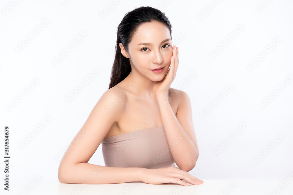 Portrait beautiful young asian woman clean fresh bare skin concept. Asian girl beauty face skincare and health wellness, Facial treatment, Perfect skin, Natural make up, on white background,two Portrait beautiful young asian woman clean fresh bare skin concept. Asian girl beauty face skincare and health wellness, Facial treatment, Perfect skin, Natural make up, on white background,two