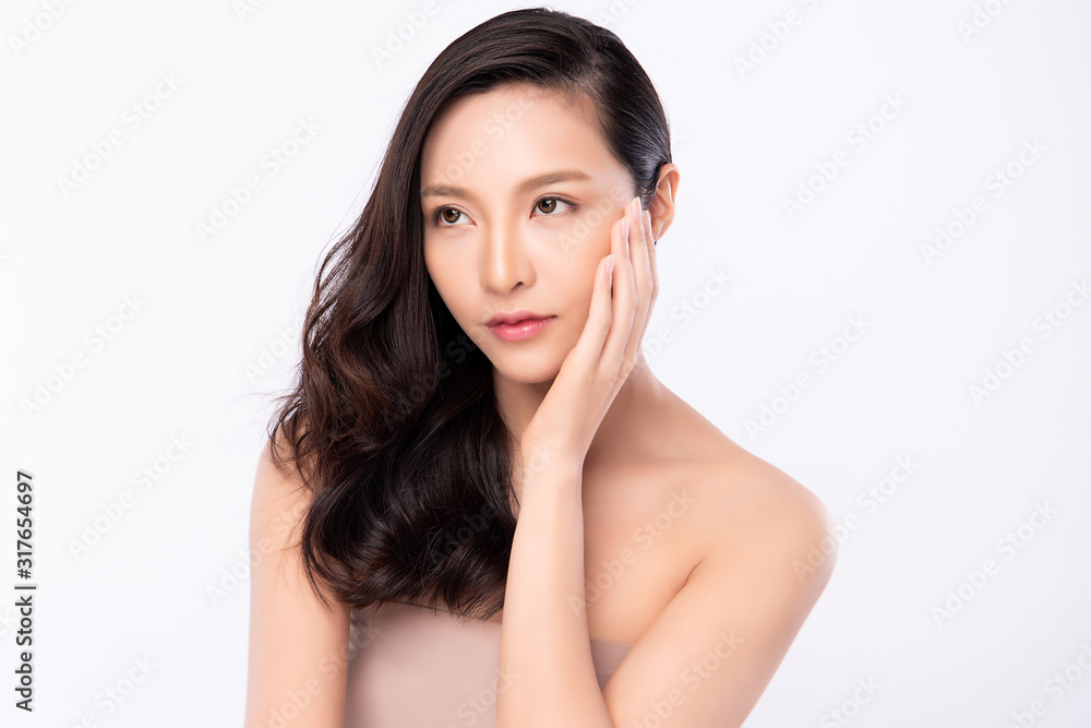 Portrait beautiful young asian woman clean fresh bare skin concept. Asian girl beauty face skincare and health wellness, Facial treatment, Perfect skin, Natural make up, on white background,two Portrait beautiful young asian woman clean fresh bare skin concept. Asian girl beauty face skincare and health wellness, Facial treatment, Perfect skin, Natural make up, on white background,two
