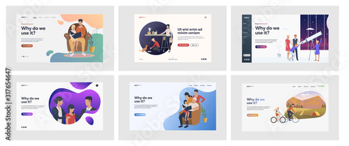 Set of casual families spending time together. Flat vector illustrations of men, women, and children doing activities. Family and parenting concept for banner, website design or landing web page