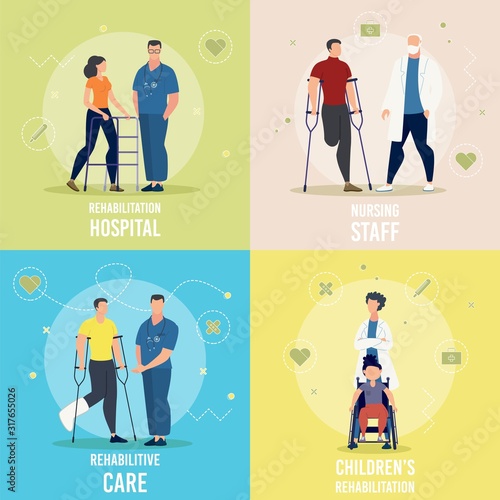 Medical Care, Nursing Service, Childrens Rehabilitation in Hospital Trendy Flat Vector Square Concepts Set. Female, Male Doctor, Nurse Assisting Injured Patient, Helping Disables Person Illustration