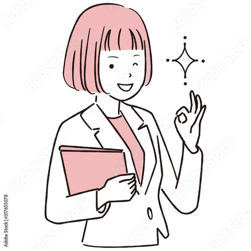 手描き1color  女性 おかっぱ OKポーズ