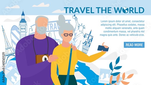 World Travel for Retired People Landing Page Design. Homepage with Happy Aged Senior Man Woman Couple Taking Memory Selfie Photo via Smartphone. Online Tour Agency Service. Vector Illustration