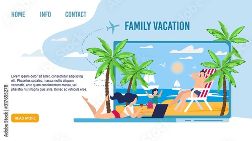 Happy Family Characters on Tropical Vacation Landing Page. Best Tour for Parents and Kids at Seaside. Mother, Father and Daughter Enjoying Rest on Beach. Summer Holidays. Vector Illustration