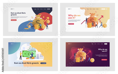 Successful investors set. Businesspeople getting profit, cash, money sack. Flat vector illustrations. Finance, investment, prize concept for banner, website design or landing web page