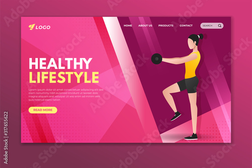 Healthy lifestyle landing page with woman working out with dumbbell. Sport web page template for gym, personal trainer and fitness center