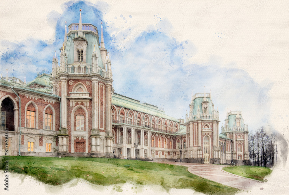 Grand Palace of queen Catherine the Great in Tsaritsyno. Tsaritsyno is a palace museum and park reserve in Moscow, Russia.  Illustration in watercolor style