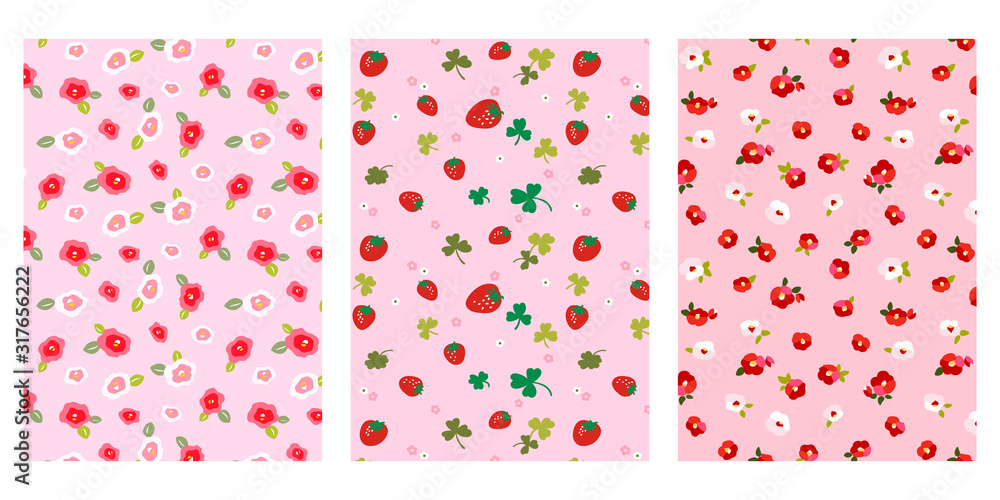 Japanese Cute Pink Flower And Strawberry Abstract Vector Background Collection