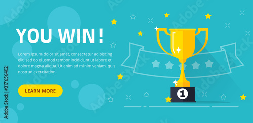 Winner success award web banner or competition achievement cup win background vector illustration flat cartoon, idea of first place prize flyer, contest champion trophy website backdrop template