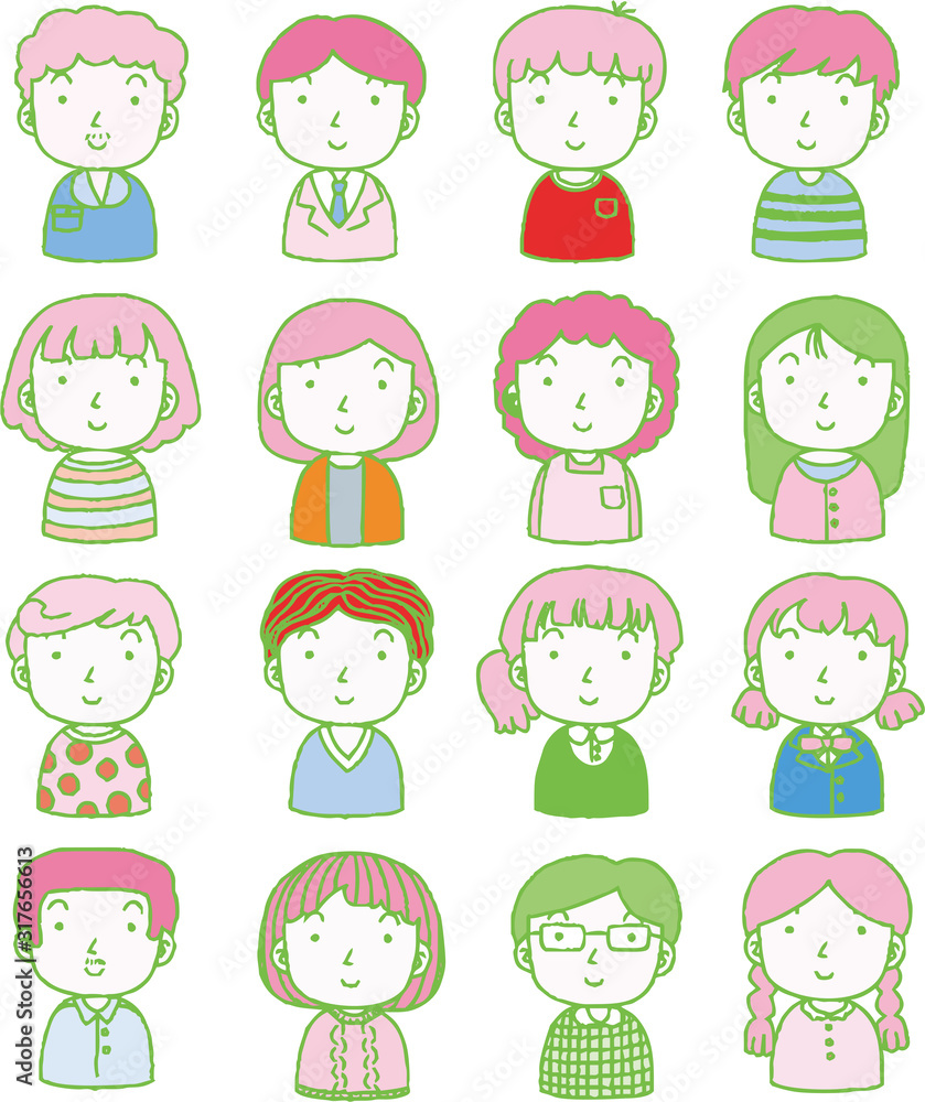 Colorful Hand painted cute Smiling people icon set Colorful Hand painted cute Smiling people icon set