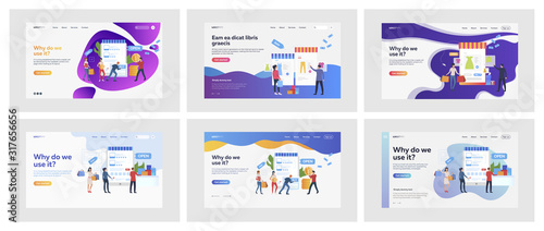 Set of casual people buying stuff online. Flat vector illustrations of men and women using shopping app. Shopping and consumerism concept for banner, website design or landing web page