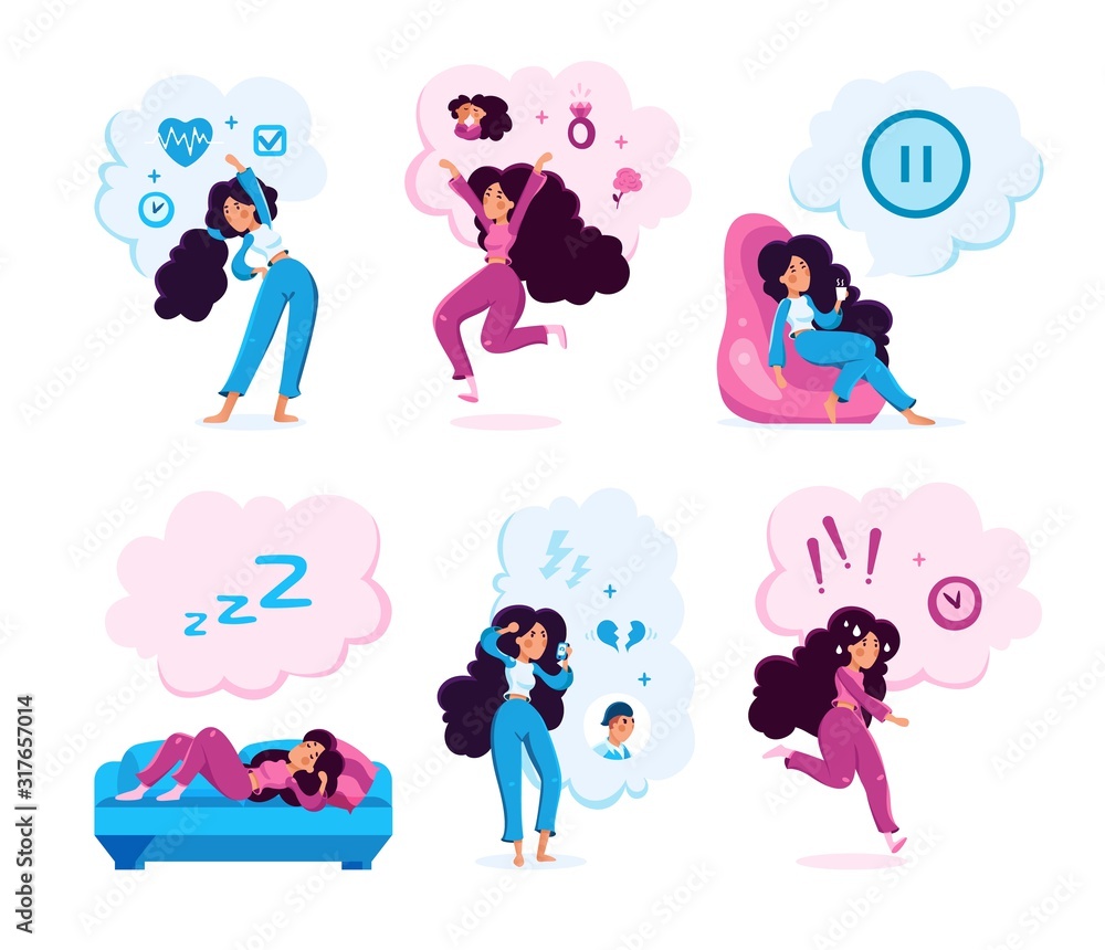 Modern Woman Daily Routine Trendy Flat Vector Character Set. Young Lady Doing Exercise, Enjoying Relationships, Having Break, Sleeping on Couch, Calling Boyfriend, Feeling Stress Isolated Illustration