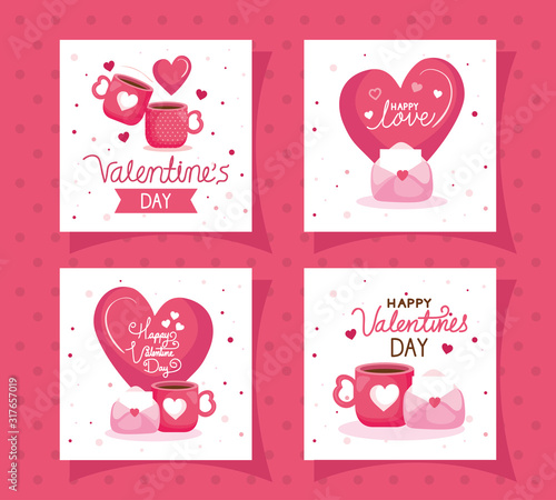 set cards of happy valentines day with decoration
