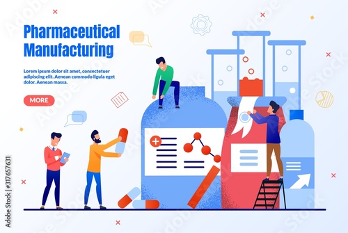Pharmaceutical Manufacturing Trendy Flat Vector Web Banner, Landing Page Template. Pharmaceutical Company Workers Team, Scientist Group, Pharmacists Developing Together New Medicines Illustration
