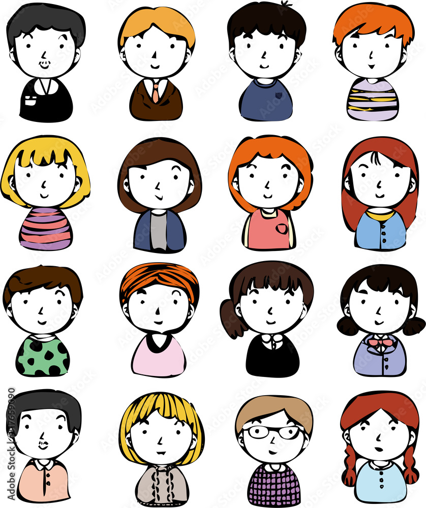 Rough doodling Hand painted cute Smiling people icon set Rough doodling Hand painted cute Smiling people icon set