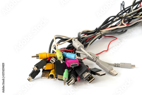 Close up view of different computer cables