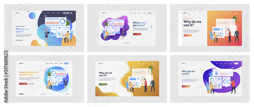 Set of business people working with infographic. Flat vector illustrations of busy men and women at presentation. Business and corporate world concept for banner, website design or landing web page