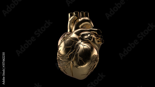 Human heart made of gold isolated. 3D illustration