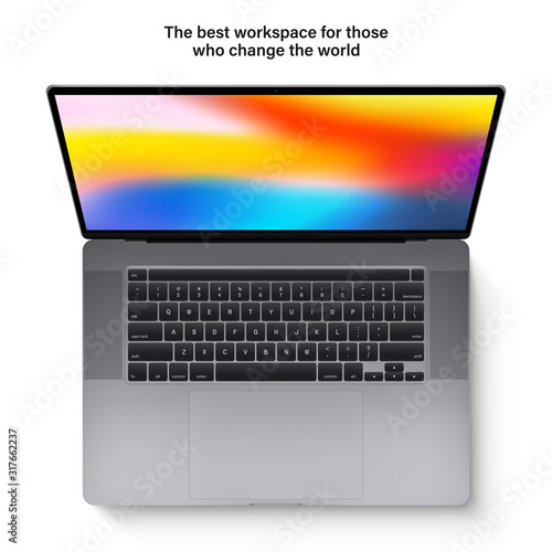 laptop with keyboard and touchpad grey color and colorful screen top view isolated on white background. realistic and detailed notebook mockup. stock vector 3d illustration