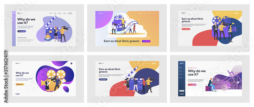 Set of casual people working in cinema. Flat vector illustrations of men and women with giant cameras and clapperboards. Cinema and films concept for banner, website design or landing web page