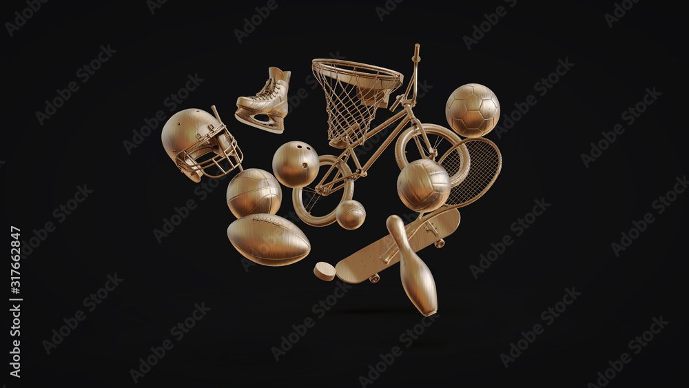 Random gold sports equipments on black background. Minimalist 3D illustration