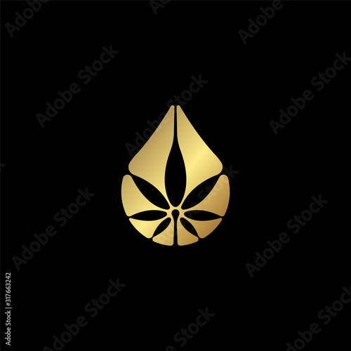 Golden marijuana, cannabis, hemp logo vector in droplet shape