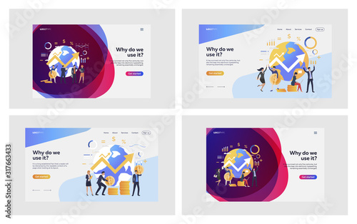 International investment set. Investors holding money, globe map, growth diagram Flat vector illustrations. Income, finance, profit concept for banner, website design or landing web page
