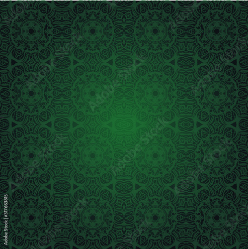 Abstract kaleidoscope vector pattern on emerald green background, and ornamental