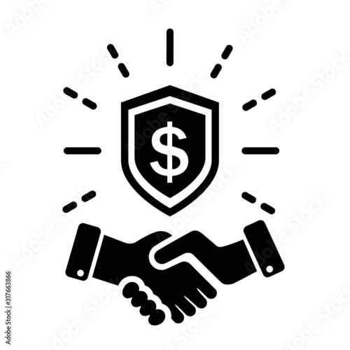 Trust partnership in business vector icon, safe deal illustration sign, handshake with shield symbol.
