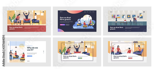 Set of casual people sitting in places. Flat vector illustrations of men and women sitting on benches and talking. Leisure and communication concept for banner, website design or landing web page