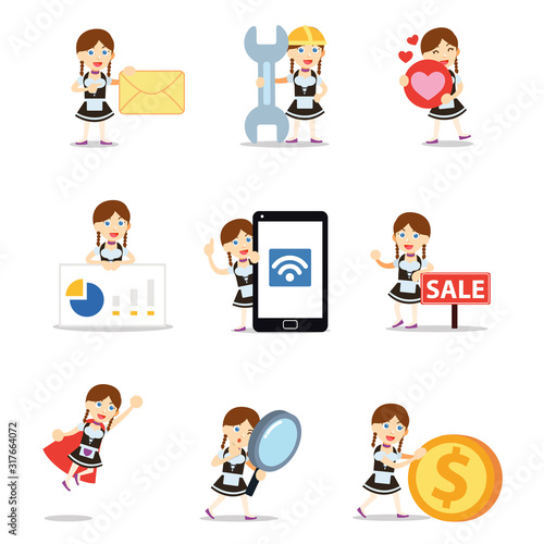 Set of character woman German Gretchen in folklore stories.