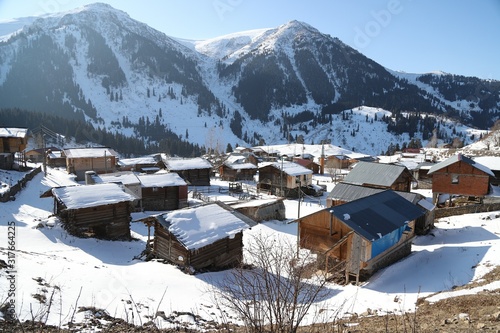 mountain landscape slopes covered with snow can be seen a tree fence and a house.savsat/artvin