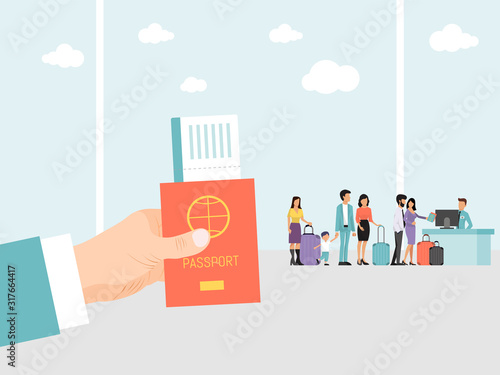 Hand holding passport and ticket on airport background. People in airport with luggage stand in queue on flight. Man hand with passport and boarding pass in journey