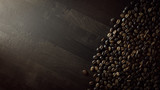 Coffee beans on wood background. Top view. 3D illustration