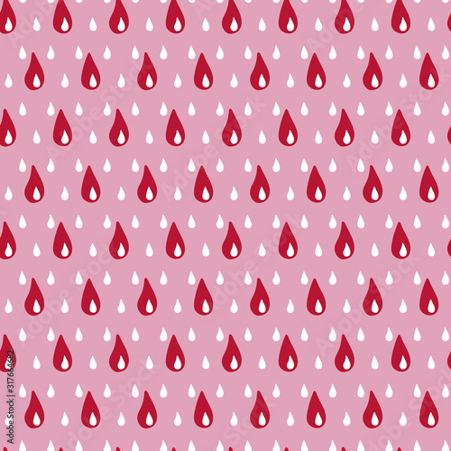 Red blood drops on pink textured background. Seamless vector pattern for medical and menstruation related fabric, background, wallpaper, flyer, poster or other projects.