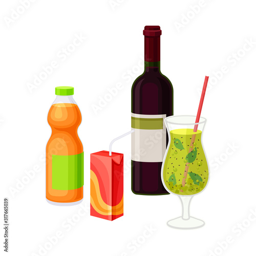 Different Beverages in Bottle and Carton Vector Illustrated Composition