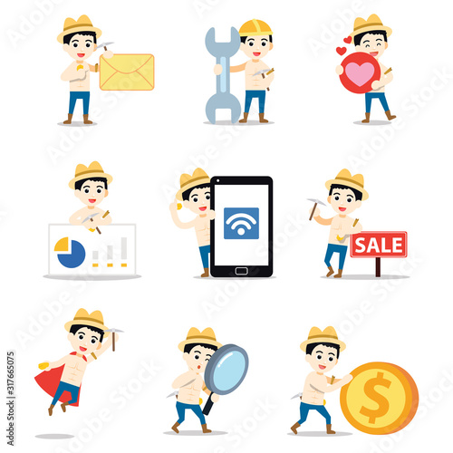 Set of character man as a gold digger in mining factory.