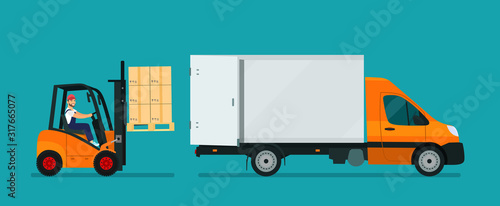 Forklift cargo van loading. Vector flat style illustration.