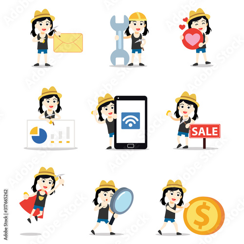 Set of character female gold digger with mining tools.