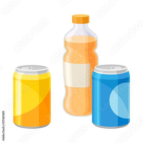 Canned Soda and Juice Bottle Isolated on White Background Vector Illustration