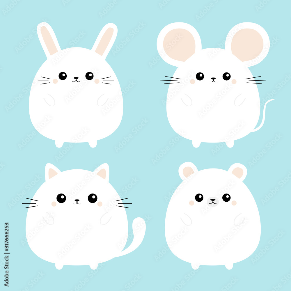 White bear, mouse, cat kitten kitty, rabbit hare icon set. Kawaii animal. Cute cartoon character. Funny baby. Love card. Flat design. Blue background. White bear, mouse, cat kitten kitty, rabbit hare icon set. Kawaii animal. Cute cartoon character. Funny baby. Love card. Flat design. Blue background.