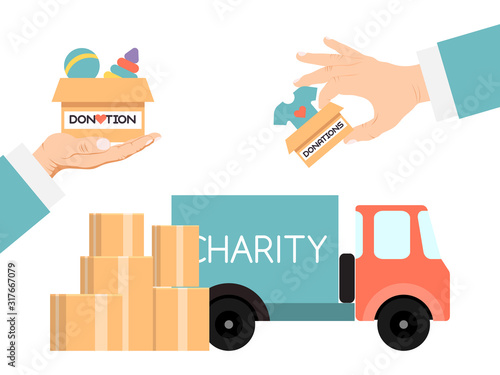 Charity truck donate filled with donate goods boxes vector illustration