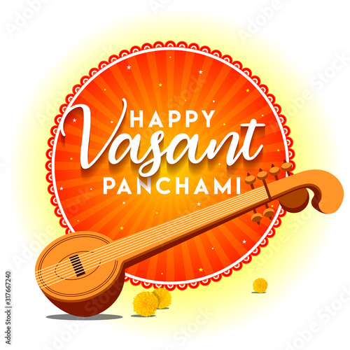 Happy Vasant Panchami Concept, Template, Banner, Logo Design, Icon, Poster, Unit, Label, Web Header, Mnemonic. The indian festival of Basant Panchami and godess saraswati devi puja - Vector