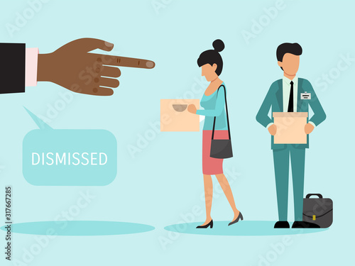 Dismissed employees with boxes vector illustration. Fired man and woman leave work. Dismiss frustrated business person holding a box with his things.